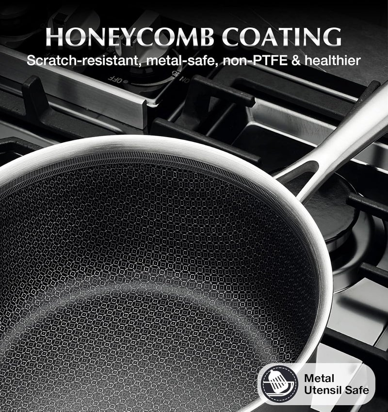 KOCH SYSTEME CS Hybrid Nonstick Stainless Steel Saucepan, 2 Quart Tri-Ply Stainless Steel Sauce Pan with Nonstick Honeycomb Interior, Hybrid Sauce Pan with Lid, Small Steel Pot, Induction Compatible - Image 2